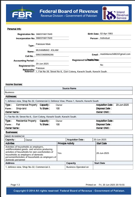 FBR registration certificate for Maid In Karachi